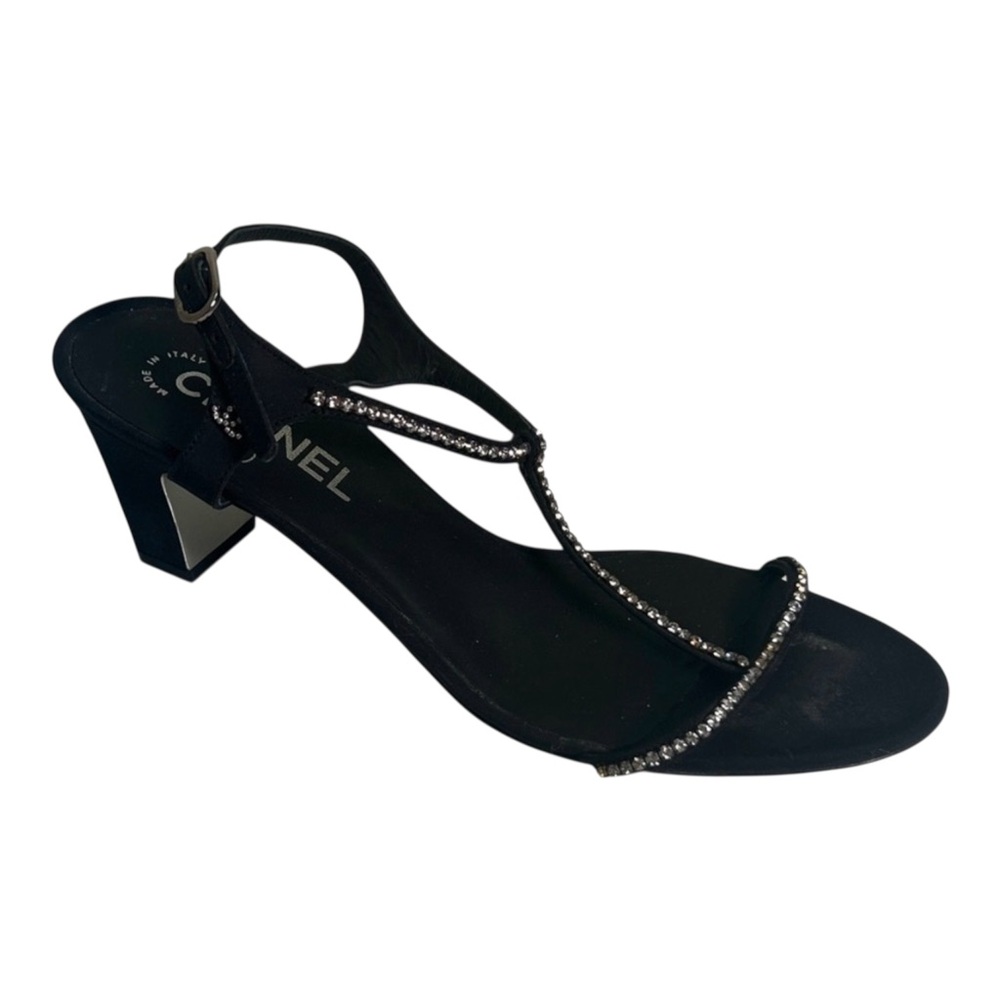 CHANEL Black Heeled Sandals with Silver Accents